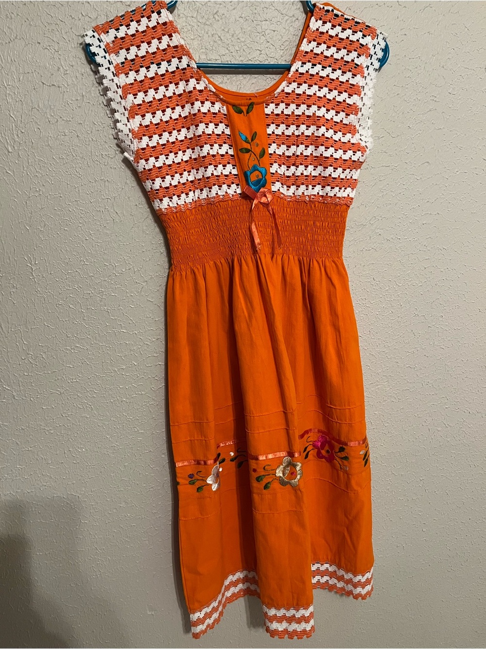 MEXICANA Orange Embroidered Crochet Bodice Dress